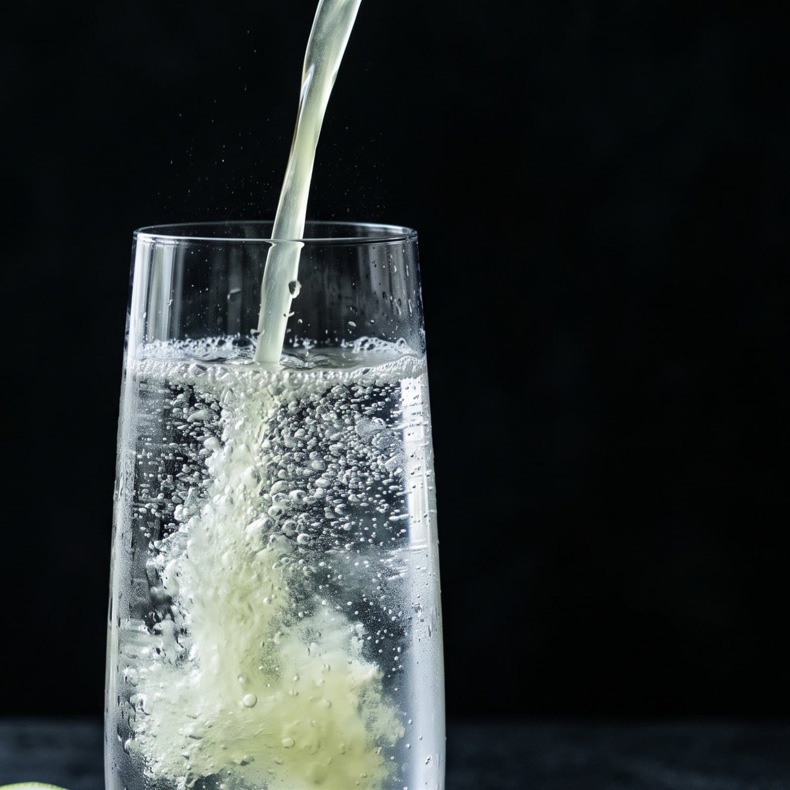 Lemon-lime powder dissolving into a glass of sparkling water (product render)