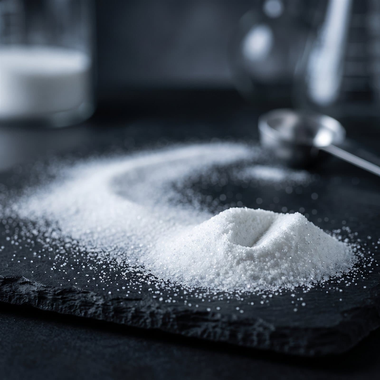 Fine white supplement powder on carbon slate (product render)